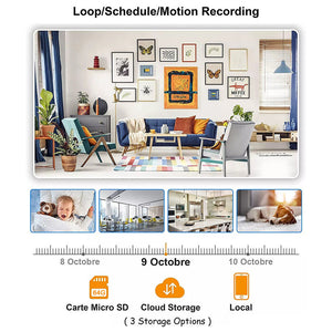 The living room showcases diverse wall art and blue furniture, featuring the Universal Charger Night Light SpyCam. Security recordings are stored using a micro SD card, cloud, or local storage, organized with dated timelines and thumbnails for easy navigation.