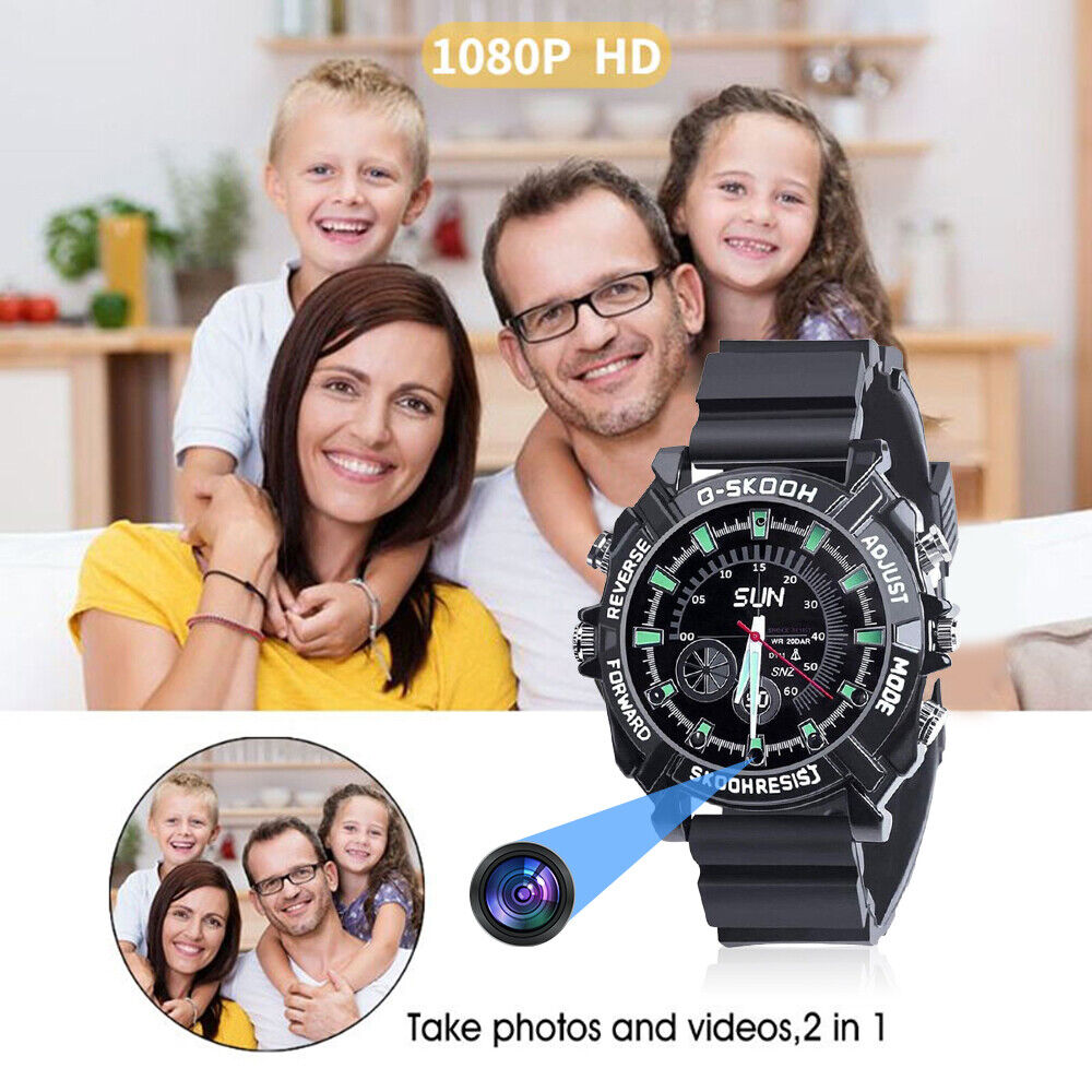 A smiling family poses for a photo, accompanied by an image of the Stylish Watch SpyCam, which discreetly features hidden camera technology and offers impressive photo and video capabilities.