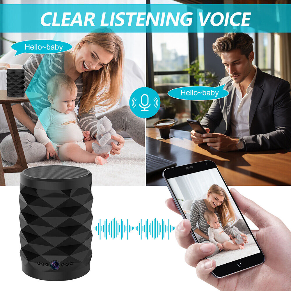 A woman sits with a baby and plush toy, video calling a man; a Bluetooth Speaker SpyCam and smartphone highlight clear voice communication and discreet home monitoring.