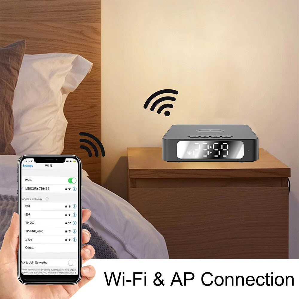 A person holds a phone displaying Wi-Fi networks next to a Wireless Charger Clock SpyCam on a nightstand, with Wi-Fi symbols above both devices.