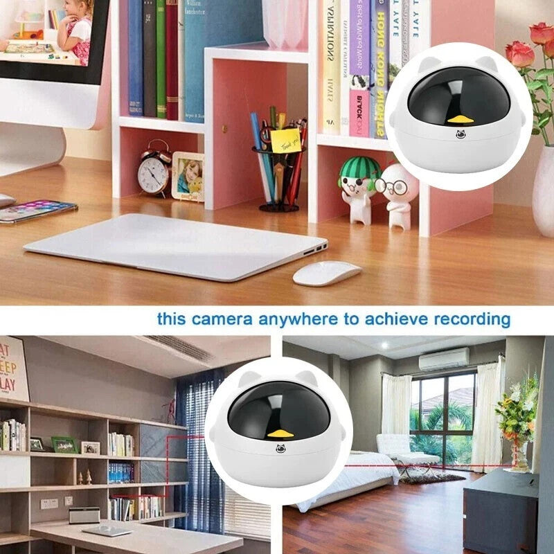 A desk with a laptop, books, and figurines; two insets feature the Cute Display SpyCam, a kitty-shaped security camera for discreet home surveillance and recording in different rooms.