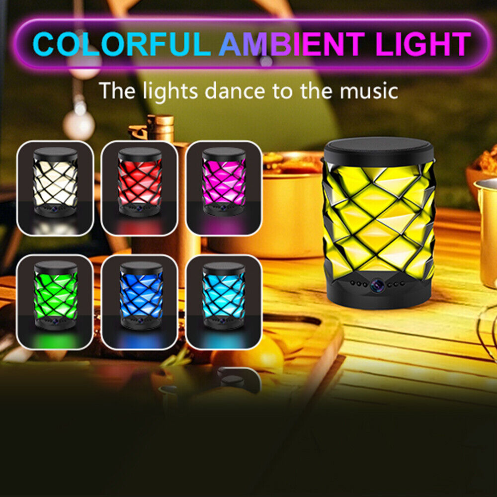 The Bluetooth Speaker SpyCam features a stylish lattice design with red, pink, yellow, green, cyan, and blue lights. "Colorful Ambient Light" text enhances its covert home monitoring and 24/7 security appeal.