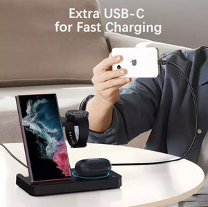 Using the Universal Charging Station SpyCam, a person can charge multiple devices such as a smartphone, smartwatch, and earbuds. The station includes an extra USB-C port labeled "Extra USB-C for Fast Charging." This sleek device also doubles as a spy gadget with its integrated WiFi hidden camera, making it perfect for discrete surveillance.