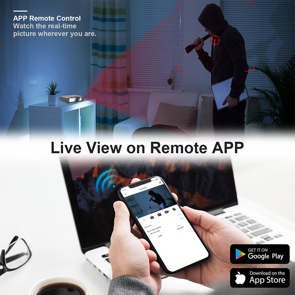 Someone uses the Wireless Charger Clock SpyCam’s smartphone app, with motion detection, to view home security footage as a masked intruder with a flashlight appears in a dim room. App download icons are visible on the screen.