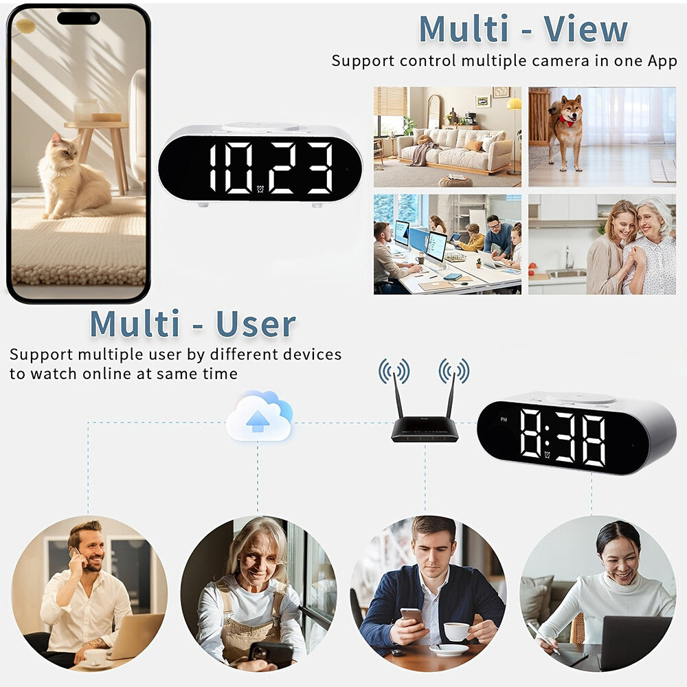 Diagram illustrating the Digital Clock Charger SpyCam: WiFi surveillance for multi-location viewing, hidden camera operation, and multi-user support for remote monitoring across devices.