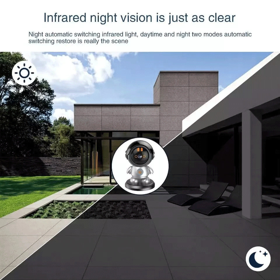The Mini Robot SpyCam is shown outside a modern house, featuring day and night modes with infrared night vision and AI auto-tracking for advanced home security.