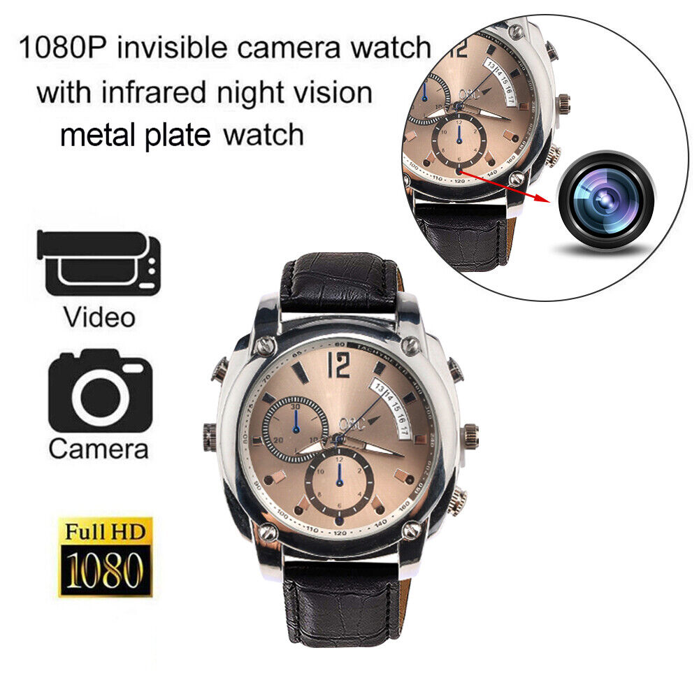 The Wristwatch SpyCam has a metal plate, black leather band, hidden 1080P camera with infrared night vision, and icons for discreet video or photo recording anytime.