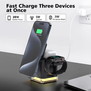 Meet the Universal Charger Night Light SpyCam—a sleek stand that charges your smartphone (20W), earbuds (5W), and smartwatch (3W) together. Text: "Fast Charge Three Devices at Once." Keep an eye on your space effortlessly.