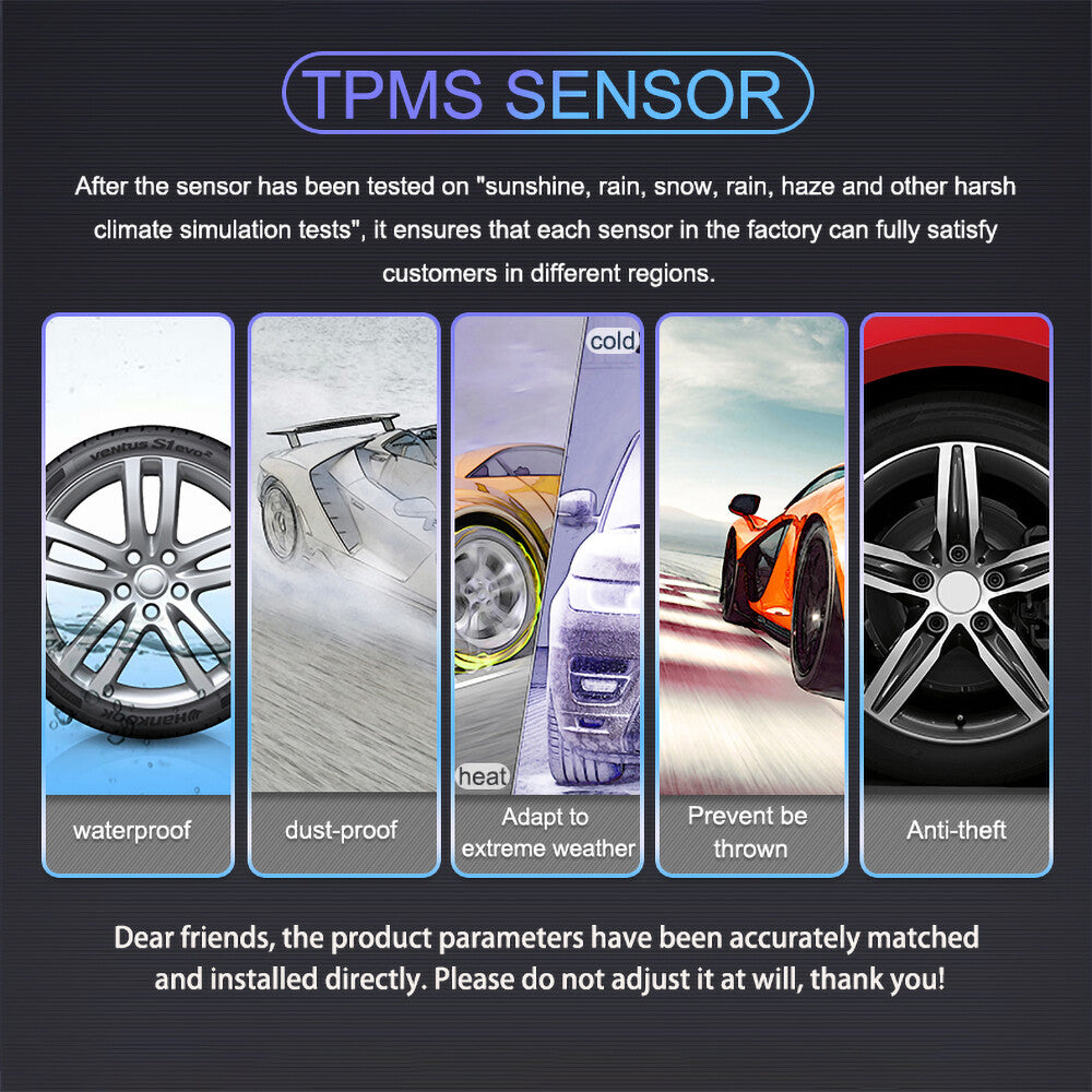 Discover the Tire Pressure & Temperature Monitoring System, engineered for driving safety with waterproof and dust-proof capabilities. It works in extreme weather, prevents theft and detachment, and ensures precise tire monitoring for ultimate peace of mind.