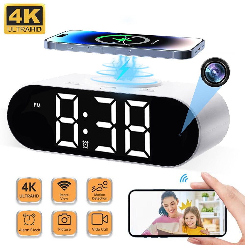 Digital Clock Charger SpyCam featuring wireless charging, hidden camera, 4K UHD icons, and a smartphone showing live WiFi surveillance video feed.