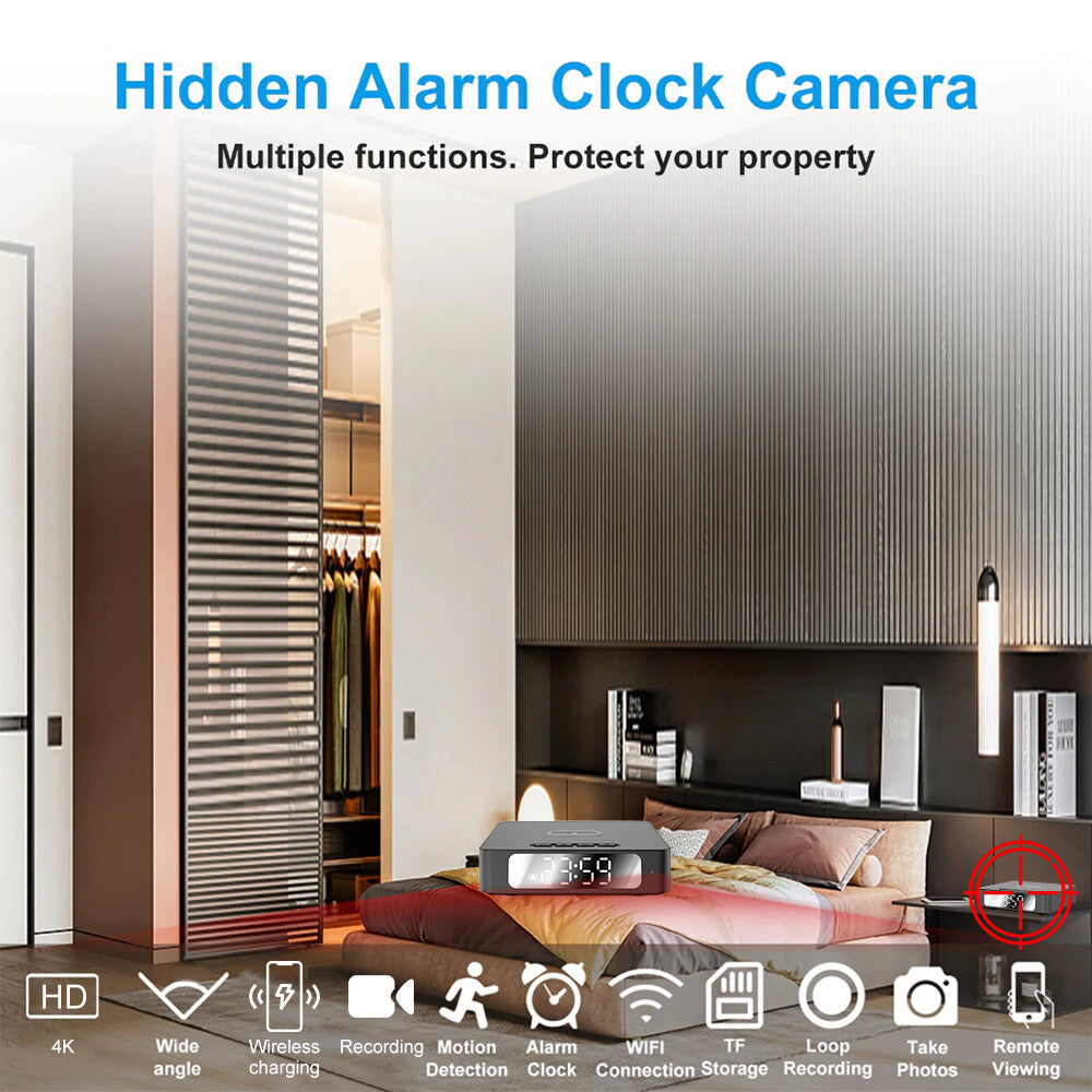 Modern bedroom with bed, artwork, and nightstand. The Wireless Charger Clock SpyCam is highlighted on the nightstand, featuring motion detection and security icons at the bottom of the image.