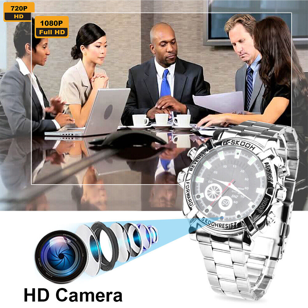 Four people in business attire sit around a table, with a graphic of the Watch SpyCam—a 1080P camera watch with video & audio recording and visible lens elements—displayed prominently in the foreground.