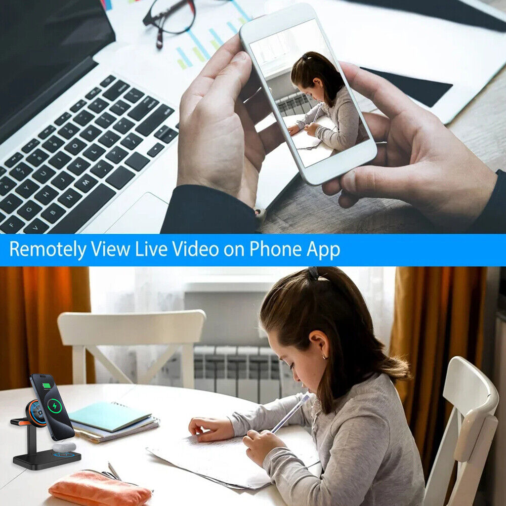 A tablet shows a girl drawing at a table, while the Universal Charger SpyCam discreetly records the scene, also acting as a wireless charging stand for an adjacent smartphone.