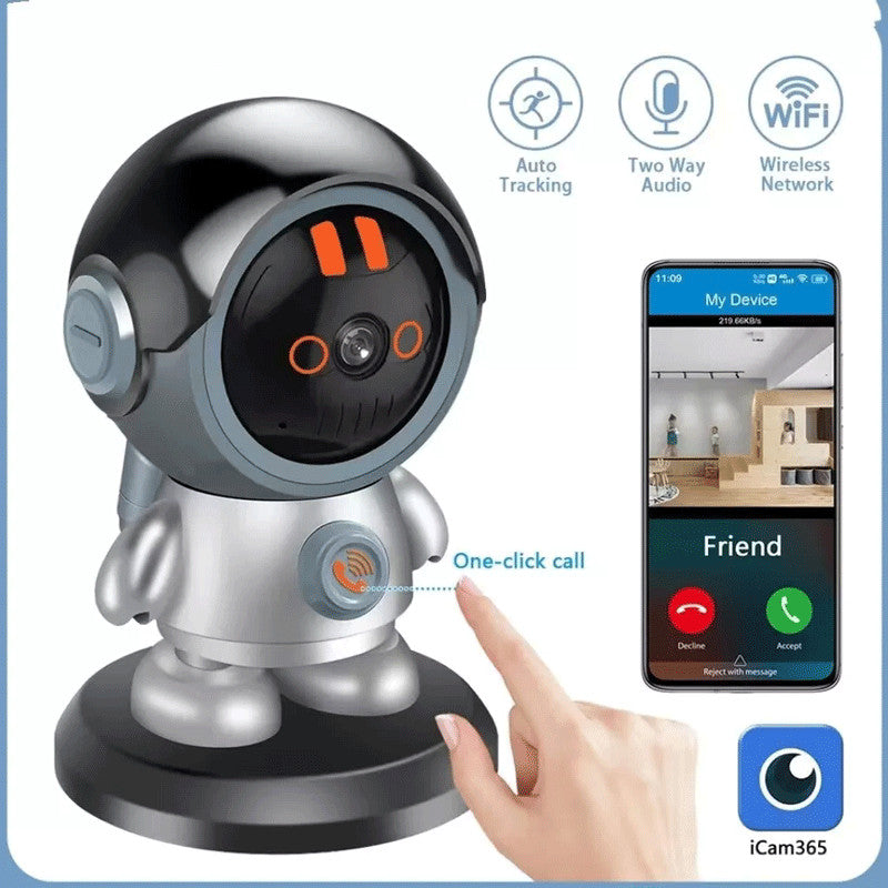 A hand presses a button on the Mini Robot SpyCam, while a smartphone shows surveillance footage. Icons highlight features such as AI auto-tracking, WiFi connectivity, and two-way audio for advanced home security.