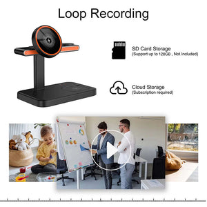 The Universal Charger SpyCam, discreetly displayed with icons for SD card and cloud storage, captures a group collaborating near a whiteboard in an office setting effortlessly.