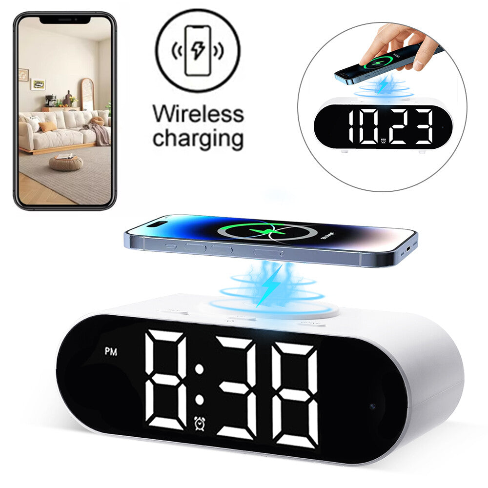 The Digital Clock Charger SpyCam, shown charging a smartphone and displaying 8:38 PM, features a large LED display and seamless wireless charging for added convenience.