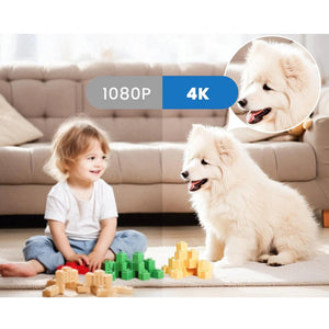 A child and a dog play with building blocks as an inset circle highlights the dog's face, showcasing 1080p versus 4K resolution, captured by the discreet Universal Charger Night Light SpyCam.