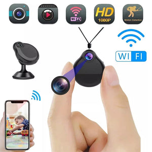 A subtle camera pendant, known as the Mini Necklace SpyCam, is featured. It connects to a smartphone using WiFi and offers HD 1080p resolution with motion detection capabilities. Feature icons are displayed above the Mini Necklace SpyCam and phone.