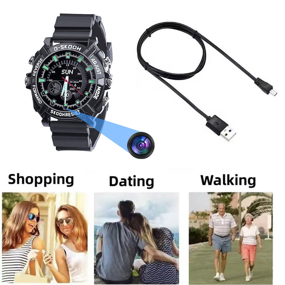 The Stylish Watch SpyCam, a black wristwatch with a hidden camera and USB charging cable, is ideal for discreetly capturing moments while shopping, dating, or walking.