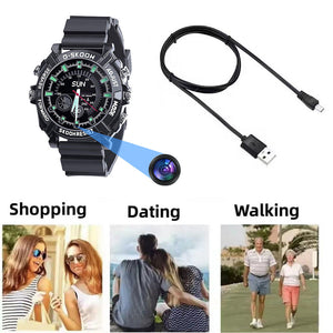 The Stylish Watch SpyCam, a black wristwatch with a hidden camera and USB charging cable, is ideal for discreetly capturing moments while shopping, dating, or walking.