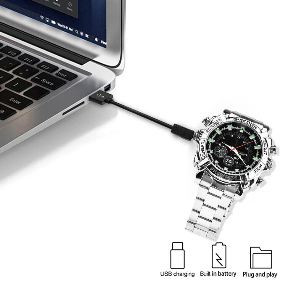 The Watch SpyCam connects to your laptop via USB cable, featuring USB charging, plug-and-play setup, a built-in battery, and covert recording—making it ideal for discreet surveillance.