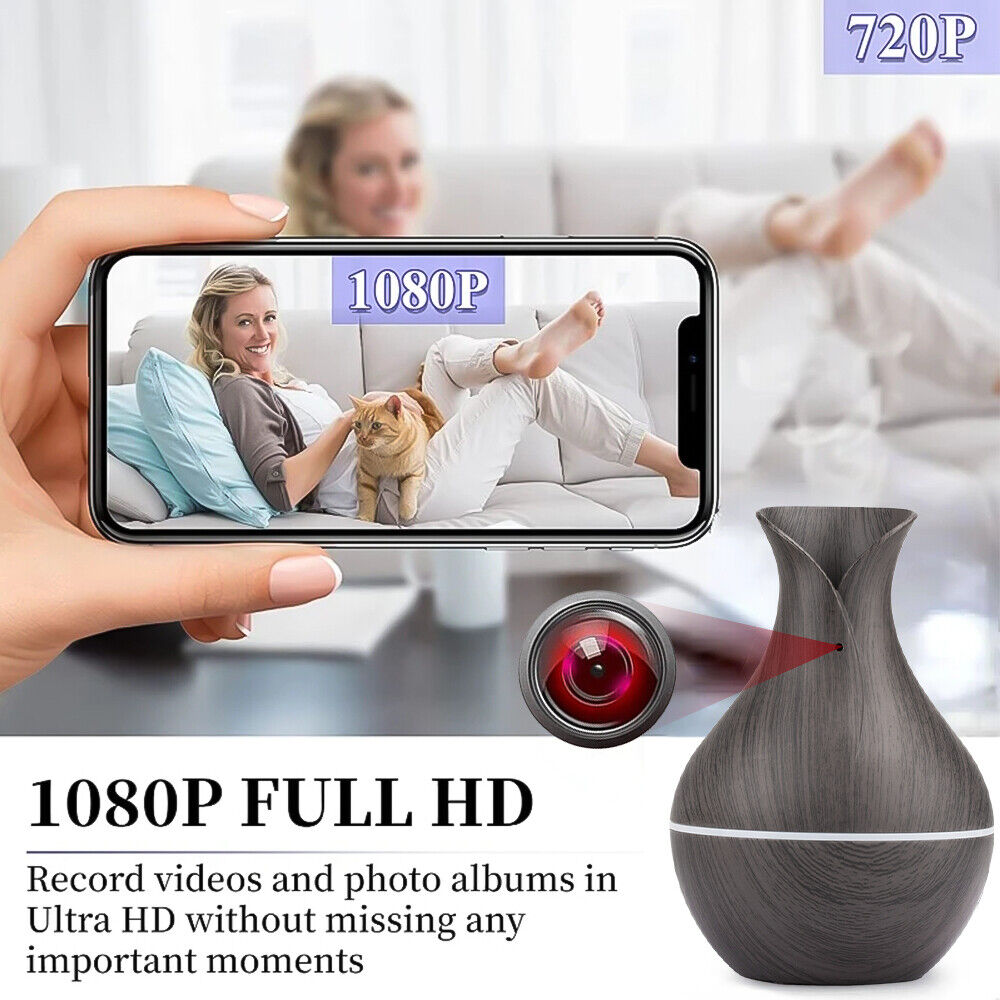 A woman relaxes on a couch, her phone showing a 1080P image of herself with a cat. Nearby, the Black Decorative Display SpyCam blends effortlessly into the décor, offering 1080P and 720P resolution for espionage enthusiasts.