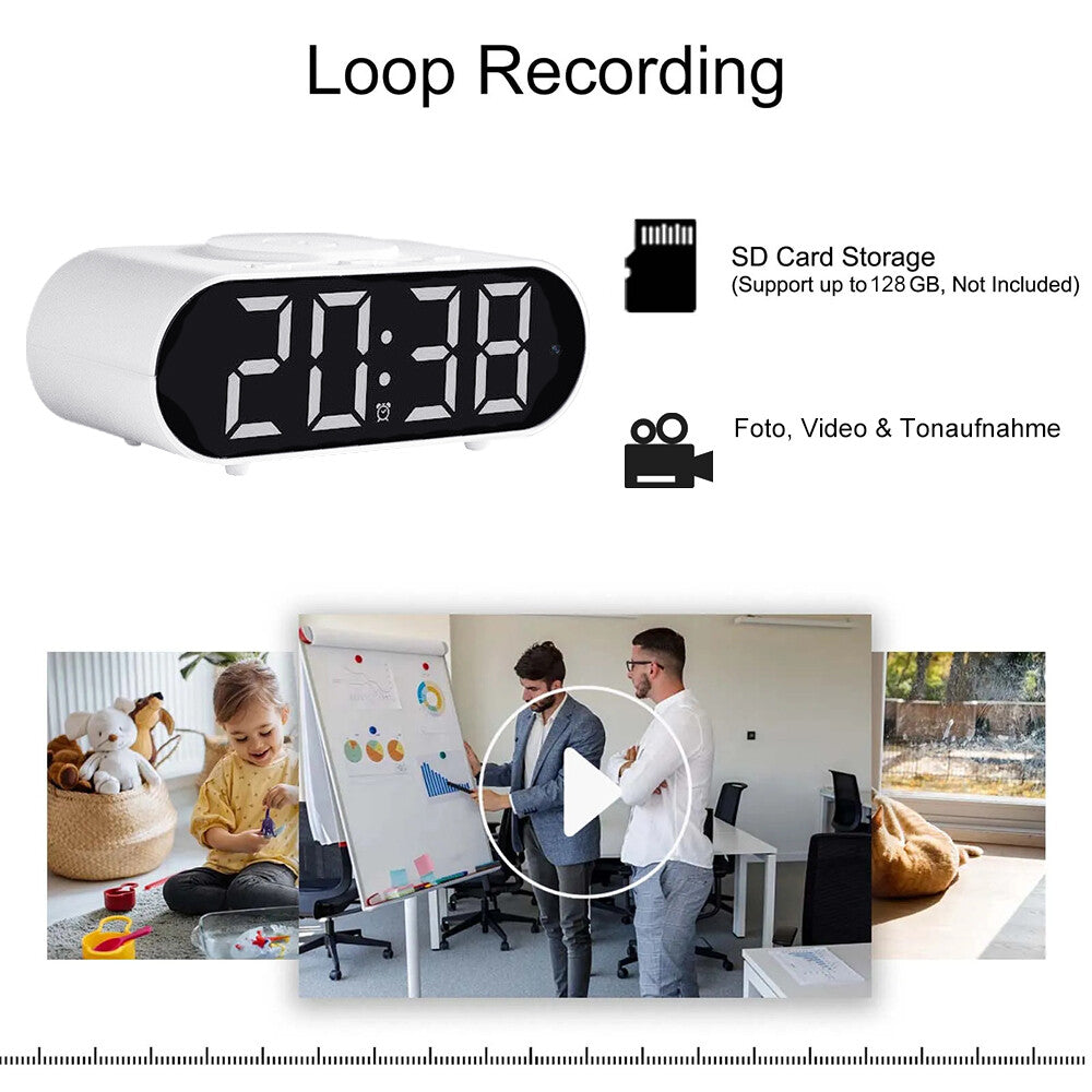 The Digital Clock Charger SpyCam has a large LED display, icons for SD card storage, video recording, WiFi hidden camera surveillance, and features an office scene with a play button overlay.