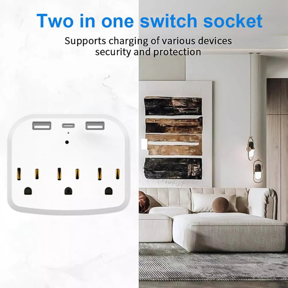 On the left, you'll see a two-in-one switch socket, while on the right is a modern living room. Above, text highlights the device charging capabilities and enhanced security features of the US Outlet SpyCam. It offers HD clarity and motion detection for added peace of mind.
