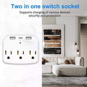 On the left, you'll see a two-in-one switch socket, while on the right is a modern living room. Above, text highlights the device charging capabilities and enhanced security features of the US Outlet SpyCam. It offers HD clarity and motion detection for added peace of mind.