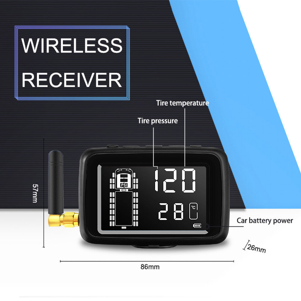 The Tire Pressure & Temperature Monitoring System features a digital screen displaying tire pressure, temperature, and battery power indicators. Its compact design and wireless receiver enhance driving safety.