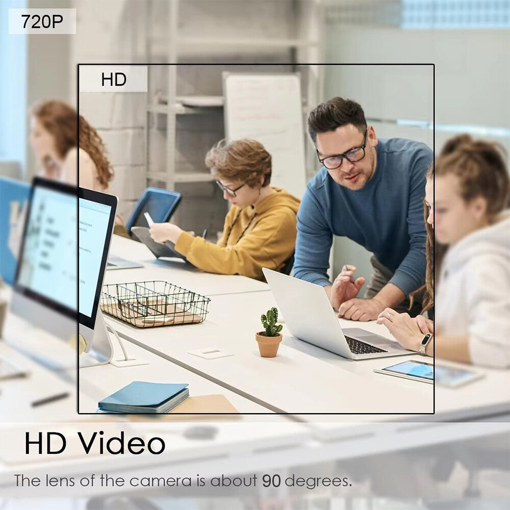 A team collaborates at a table with laptops and tablets. An overlay compares HD vs 720P video from the Stylish Watch SpyCam, highlighting its approx. 90-degree camera lens for wide-angle recording.