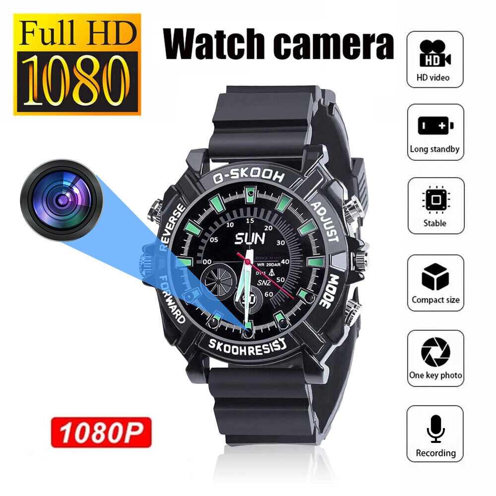 The Stylish Watch SpyCam is a black digital wristwatch with a hidden camera, offering Full HD 1080P recording; icons highlight HD video, long standby, stable performance, compact design, and easy use.