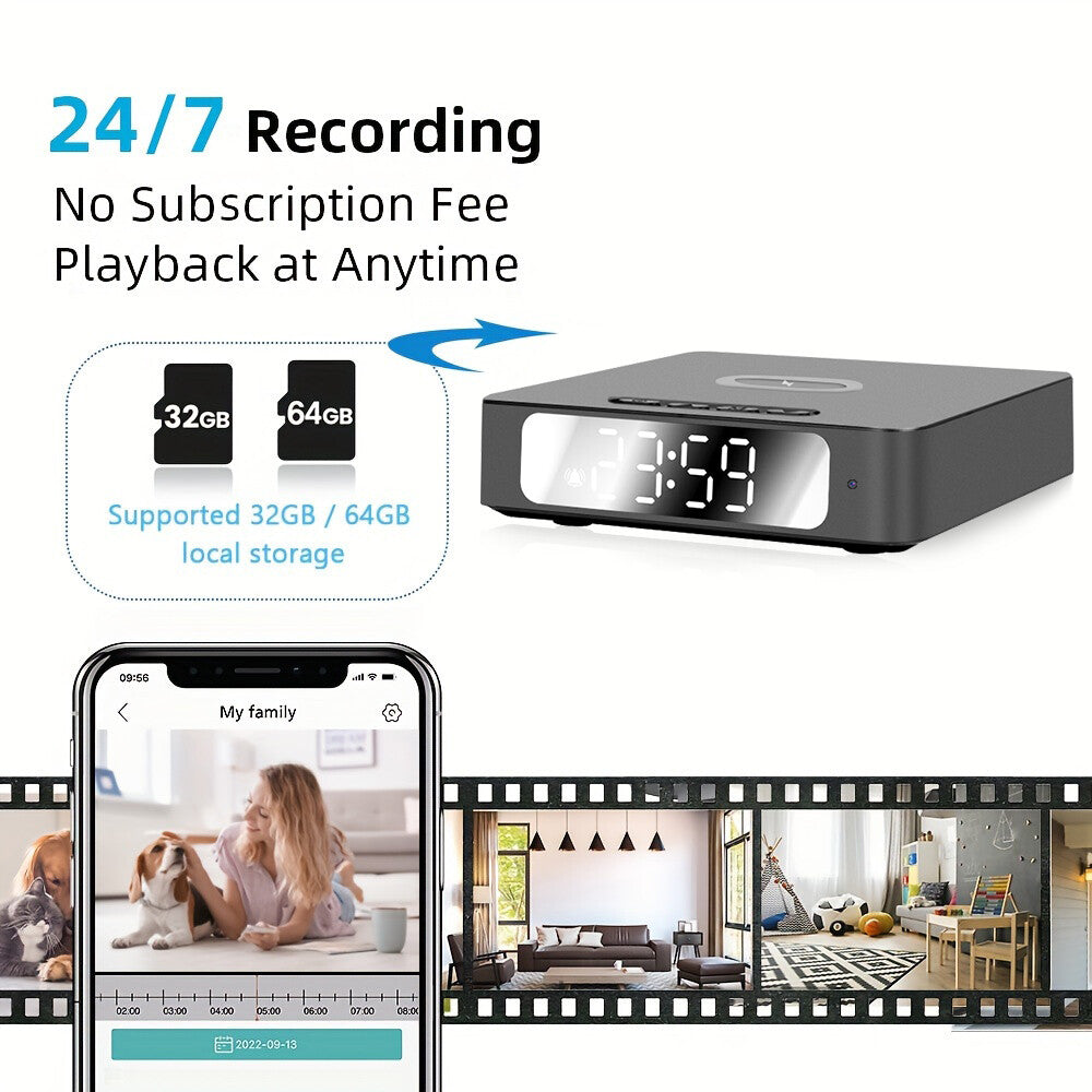 Wireless Charger Clock SpyCam offers 24/7 recording, motion detection, 32GB/64GB local storage, no subscription fees, and remote playback through a smartphone app.