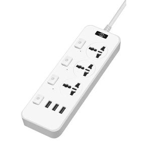 The Power Strip SpyCam is a white power strip equipped with four international sockets, each with its own switch, three USB ports, and a digital display. It features 1080P HD video quality, making it an ideal tool for covert surveillance.