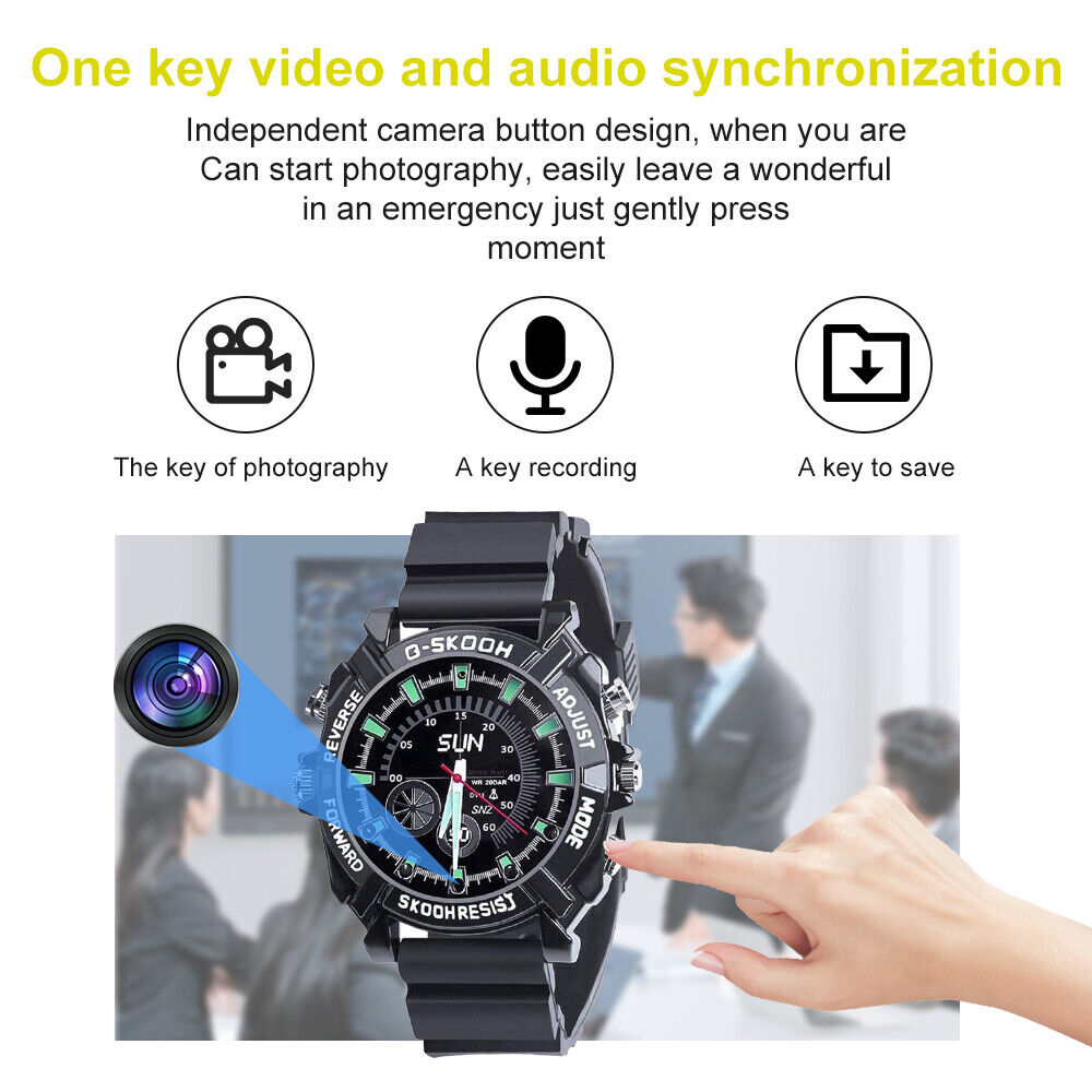 A hand presses a button on a black Stylish Watch SpyCam with a hidden lens, featuring icons and text for 1080P surveillance, audio recording, and easy operation.