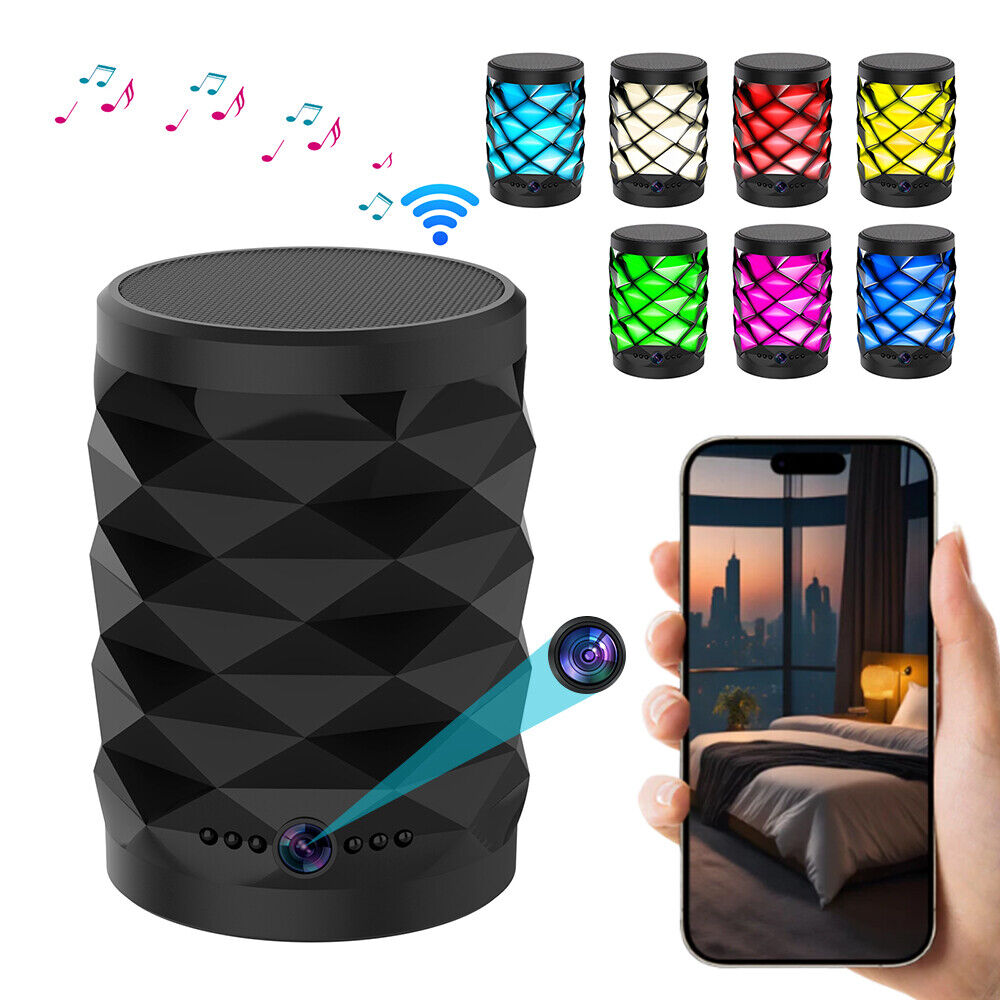 The Bluetooth Speaker SpyCam is a black device with eight color lighting options, providing covert home monitoring. It streams live video to your smartphone for discreet 24/7 security and delivers quality audio entertainment.