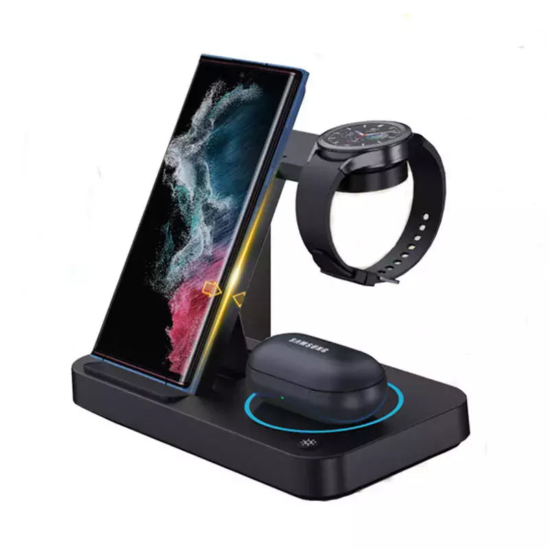 The Universal Charging Station SpyCam is a sleek black multi-device charging station that not only holds your smartphone, smartwatch, and earbud case but also features a WiFi Hidden Camera, enabling you to discreetly monitor in HD 1080P.