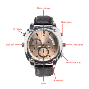 Wristwatch SpyCam features labeled mode indicator, USB port, IR/mode, lens, IR indicator, 1080P video support, mode switch, time adjust, microphone hole—and Night Vision for discreet recording anytime.