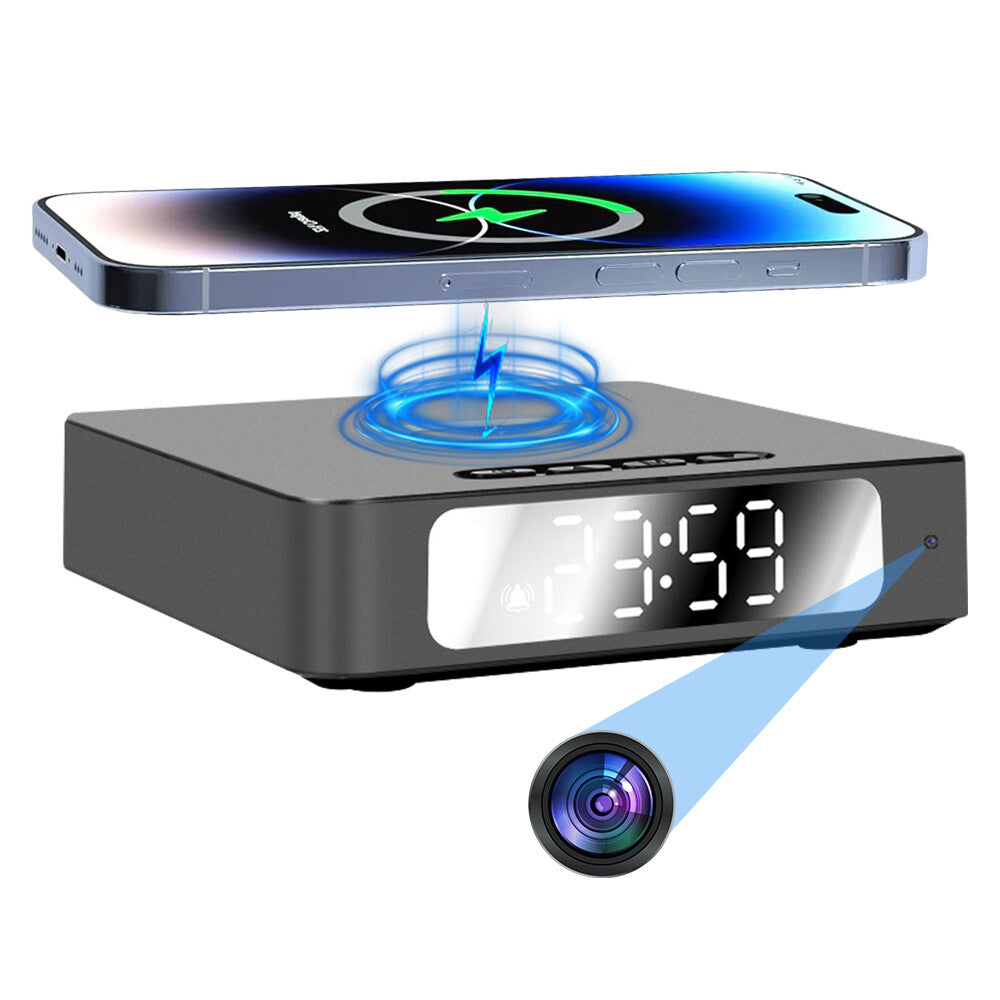 The Wireless Charger Clock SpyCam is a digital clock with a hidden camera, featuring motion detection and a wireless charging pad on top for your smartphone.