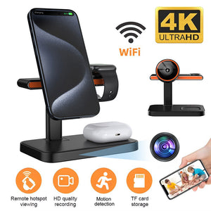 Meet your ultimate tech companion, the Universal Charger SpyCam— a wireless charging stand for smartphones, smartwatches, and earbuds. It includes a discreet spy camera with HD recording, motion detection, remote viewing capabilities, and TF card storage.