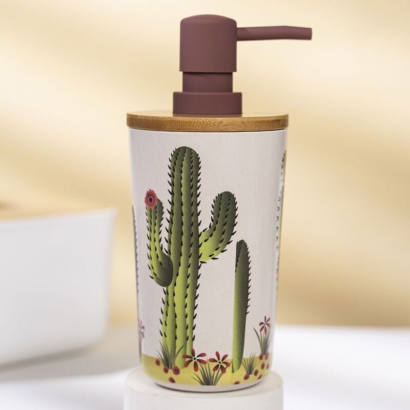 The Cute Decorative Display SpyCam is a cactus-designed soap dispenser with a brown pump, cleverly hiding a spycam capable of recording 1080P video, set against a blurred beige background.