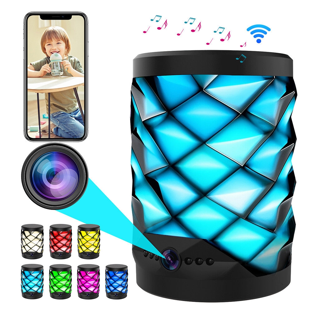 The Bluetooth Speaker SpyCam features a geometric LED light design, multiple color options, a camera lens graphic, and phone connectivity for 24/7 covert home monitoring with WiFi-enabled security.