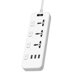 The Power Strip SpyCam is a white power strip featuring three universal sockets, each with its own power switch, three USB ports, and a covert surveillance tool that captures 1080P HD video for discreet monitoring.