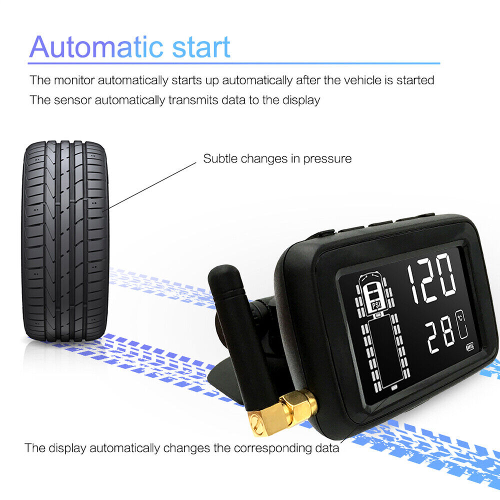 The Tire Pressure & Temperature Monitoring System displays pressure and temperature to enhance driving safety. An illustration shows the monitor activates automatically with the vehicle, with a tire graphic for clarity.