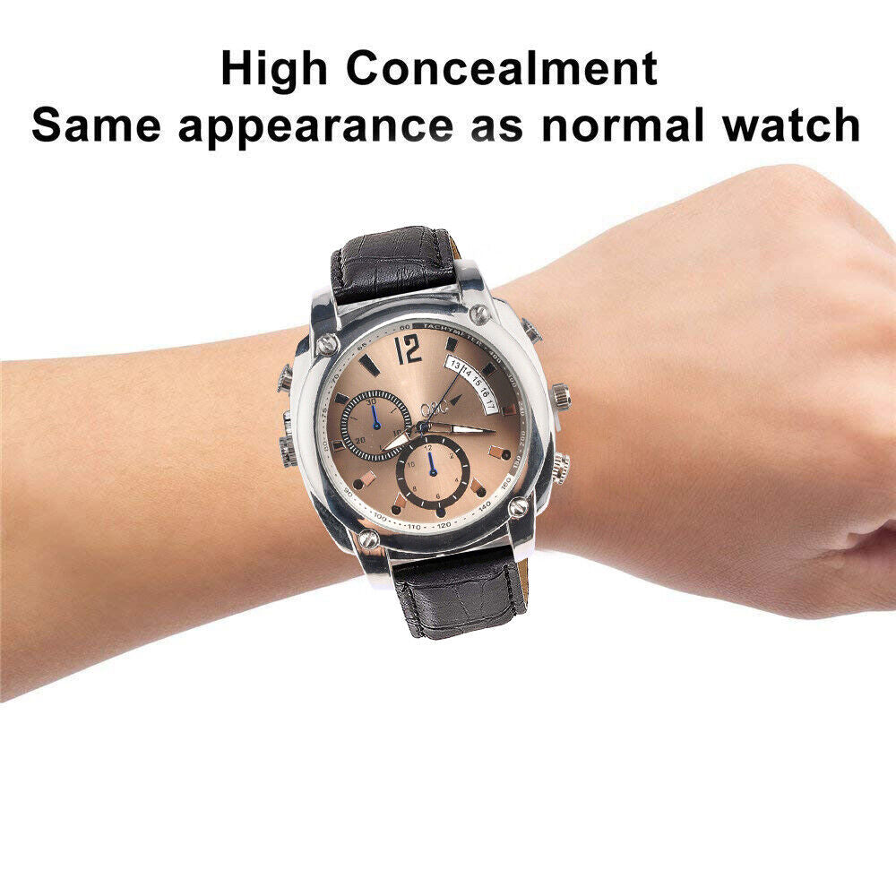 A hand wears the Wristwatch SpyCam, featuring a tan face and black strap. Text: "Discreet design—looks like a regular watch. 1080P video & night vision for covert recording.
