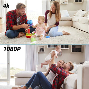 Top image: A couple with a baby play on the floor, wireless charger labeled "4K" is visible. Bottom image: Same couple and baby on a couch beside their Universal Charger SpyCam, labeled "1080P.