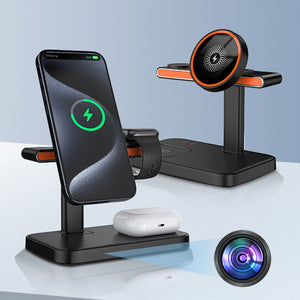 The Universal Charger SpyCam cleverly integrates a wireless charging station for your smartphone, smartwatch, and earbuds, with a camera lens subtly positioned to showcase its dual functionality.