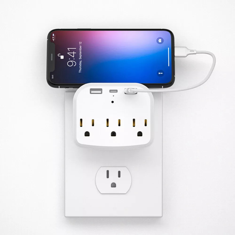 The US Outlet SpyCam ensures HD clarity in every charge while offering added security through its advanced motion detection, as it charges a smartphone using its wall-mounted power adapter with multiple outlets and USB ports.