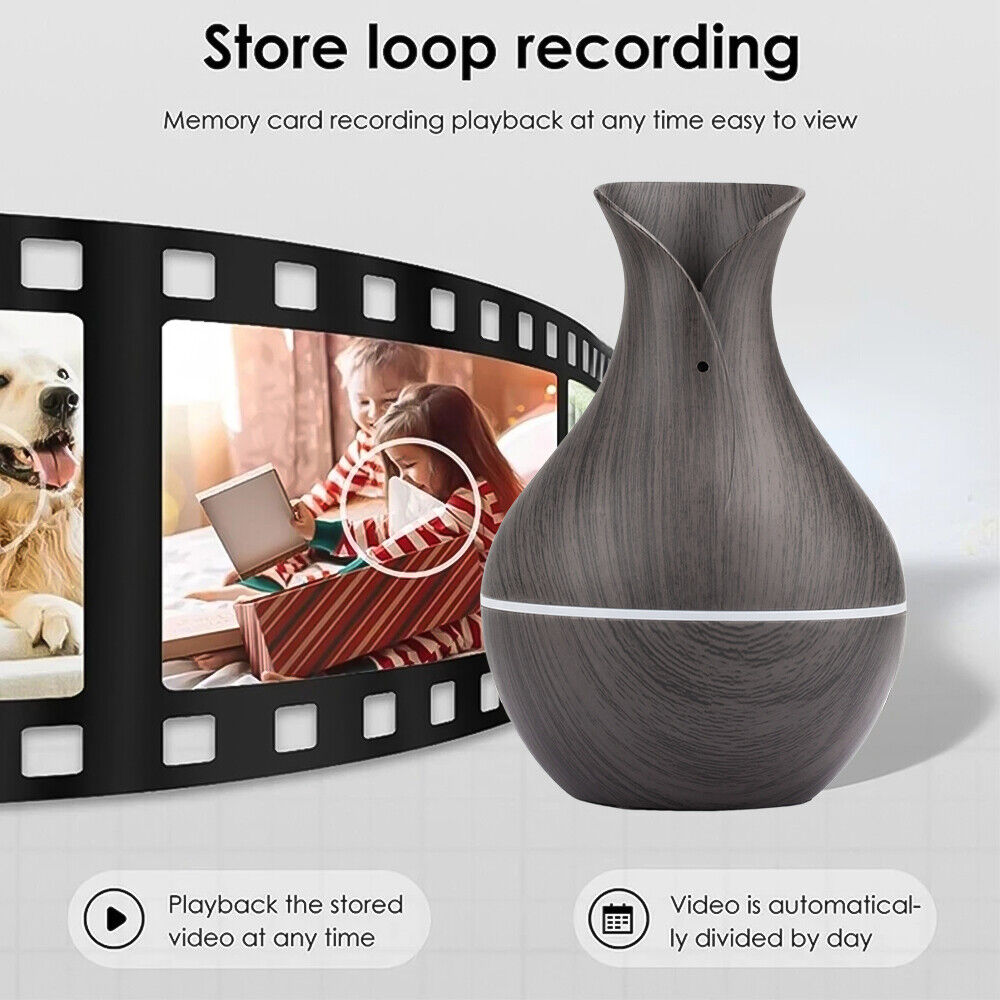 The Black Decorative Display SpyCam is shown as a vase-like device with a filmstrip featuring a girl on a laptop and a dog, emphasizing its loop recording and video playback capabilities while serving as stylish home décor.