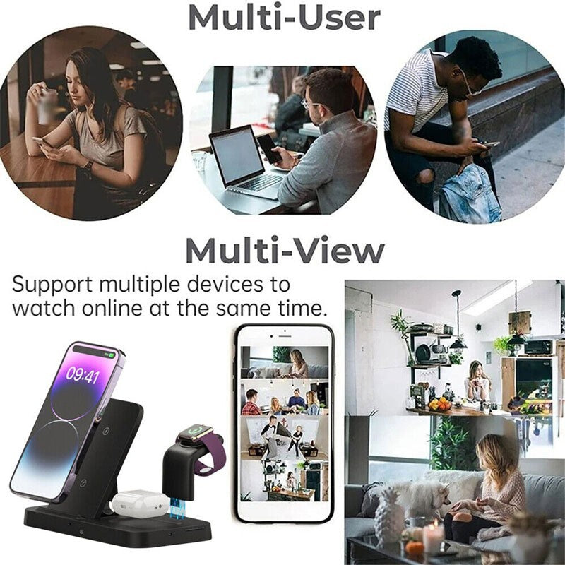 A collage features people using tech devices in different settings. In the foreground, a Universal Charging Station SpyCam supports phones, a smartwatch, and earbuds. Text emphasizes its multi-user and multi-view capabilities.